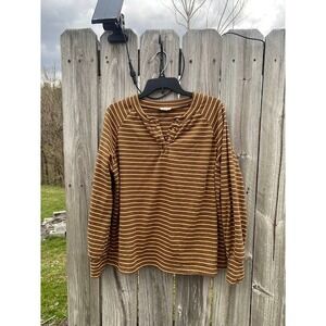 Arula Altard State Brown Striped Henley Top Long Sleeve Balloon Raglan Womens M